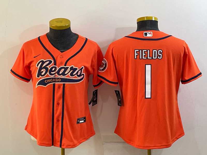 Womens Chicago Bears #1 Justin Fields Orange With Patch Cool Base Stitched Baseball Jersey
